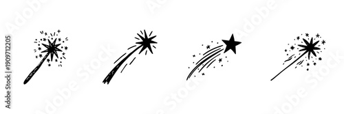 Magic Wand Icons In Hand Drawn Style Set. Enchantment, Fantasy, Wizardry Doodle Sketch Collection. Magical Elements And Sparkles. Isolated Vector Illustration