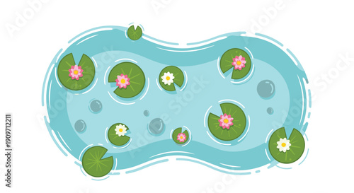 Top-down view of a pond filled with floating green water lily pads, pink and white flowers.