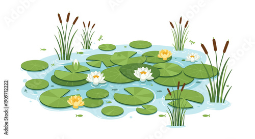 Lively pond with numerous water lily pads, white and yellow flowers, tall cattails, and fish.