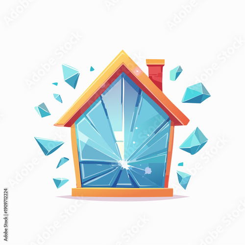 Cartoon house with a shattered window, symbolizing home damage or vandalism
