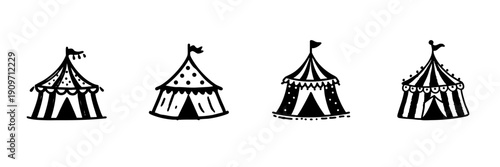 Circus Tent Icons In Hand Drawn Style Set. Carnival, Festival, Entertainment Event Doodle Sketch Collection. Whimsical And Playful Design. Isolated Vector Illustration