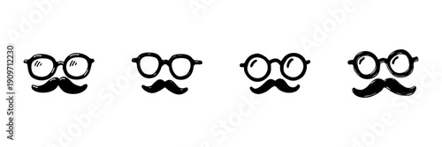 Glasses And Mustache Icons In Hand Drawn Style Set. Vintage Fashion, Disguise, Hipster Aesthetic Doodle Sketch Collection. Retro Style Elements. Isolated Vector Illustration