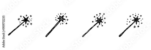 Magic Wand Icons In Hand Drawn Style Set. Enchantment, Fantasy, Wizardry Doodle Sketch Collection. Magical Sparkle Elements. Isolated Vector Illustration