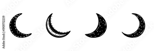 Crescent Moon Phases In Hand Drawn Style Set. Lunar Cycle, Nighttime Symbolism, Celestial Patterns Doodle Sketch Collection. Astrology And Astronomy Theme. Isolated Vector Illustration