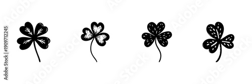 Four Leaf Clover Variations In Hand Drawn Style Set. Luck, Fortune, And Prosperity Symbols Doodle Sketch Collection. Botanical And Nature Theme. Isolated Vector Illustration