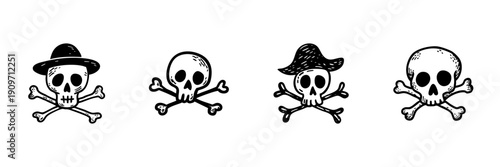 Skull And Crossbones With Hats In Hand Drawn Style Set. Pirate Theme, Danger Symbol, Halloween Decoration Doodle Sketch Collection. Playful And Spooky. Isolated Vector Illustration