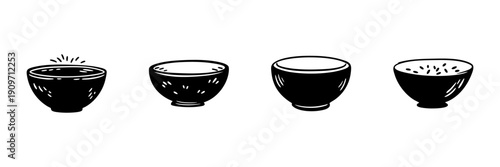Four Bowls In Hand Drawn Style Set. Culinary Variety, Food Presentation, Kitchenware Doodle Sketch Collection. Cooking And Dining Essentials. Isolated Vector Illustration