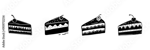 Cake Slice Illustrations In Hand Drawn Style Set. Dessert Variety, Sweet Treats, Bakery Doodle Sketch Collection. Cherry Topped, Layered Cakes. Isolated Vector Illustration