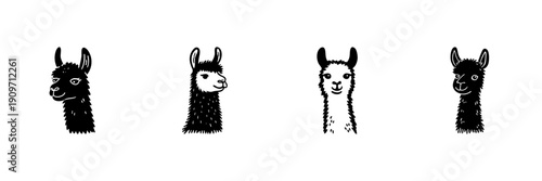 Llama Faces In Hand Drawn Style Set. Cute Animal Expressions, Playful Character Doodle Sketch Collection. Whimsical And Fun Design. Isolated Vector Illustration