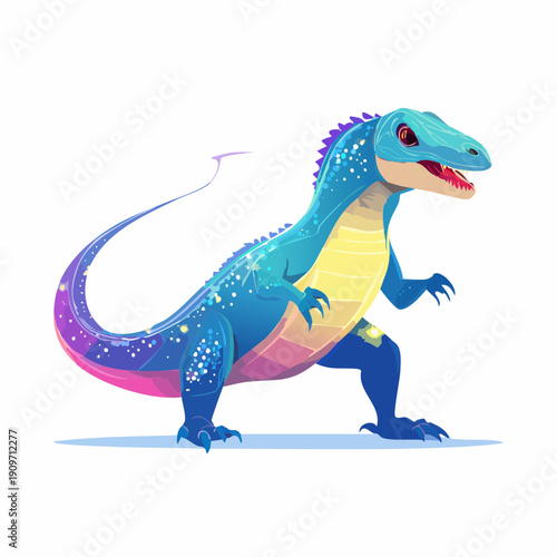 Vibrant, Star-Dusted Cartoon Dinosaur Illustration in Striking Blue, Purple, and Yellow Hues