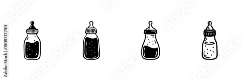 Baby Bottles In Hand Drawn Style Set. Infant Feeding, Nutrition, Milk Bottle Doodle Sketch Collection. Childcare Essentials. Isolated Vector Illustration