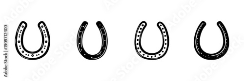 Horseshoe Icons In Hand Drawn Style Set. Good Luck, Protection, Fortune Symbol Doodle Sketch Collection. Equestrian Charm, Rustic Decor. Isolated Vector Illustration