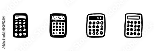 Calculator Icons In Hand Drawn Style Set. Mathematical Calculation, Finance, Accounting Tools Doodle Sketch Collection. Educational And Office Supplies. Isolated Vector Illustration