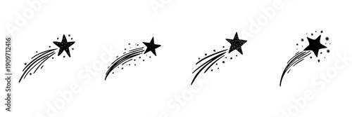 Shooting Star Icons In Hand Drawn Style Set. Celestial Navigation, Wish Fulfillment, Cosmic Inspiration Doodle Sketch Collection. Night Sky Elements. Isolated Vector Illustration