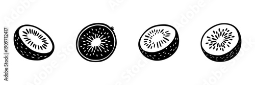 Sliced Kiwi Fruit In Hand Drawn Style Set. Freshness, Vitamin C, Healthy Eating Doodle Sketch Collection. Nutritional Fruit Illustration. Isolated Vector Illustration