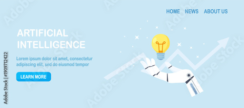 Robotic hand holding glowing light bulb. Machine learning. Innovation idea, technological advancement in future concept. Artificial Intelligence help to find solutions and answers