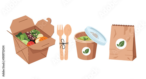 A collection of eco-friendly food packaging items includes a salad box, wooden cutlery, a soup cup, and a paper bag.