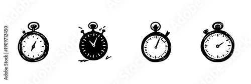 Stopwatch Icons In Hand Drawn Style Set. Time Management, Precision, And Efficiency Doodle Sketch Collection. Vintage Chronometer Illustrations. Isolated Vector Illustration