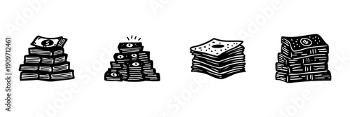 Stacks Of Money In Hand Drawn Style Set. Wealth Accumulation, Financial Growth, Investment Doodle Sketch Collection. Economic Prosperity Symbols. Isolated Vector Illustration
