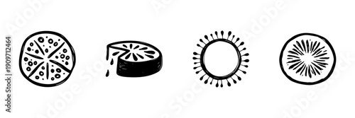 Citrus And Kiwi Fruit Slices In Hand Drawn Style Set. Freshness, Juiciness, And Vitamin C Doodle Sketch Collection. Healthy Eating And Nutrition. Isolated Vector Illustration