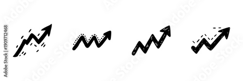 Upward Trending Arrow Graphs In Hand Drawn Style Set. Financial Growth, Success, And Progress Doodle Sketch Collection. Business And Economic Indicators. Isolated Vector Illustration
