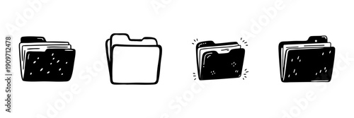 Folder Icons In Hand Drawn Style Set. Document Organization, File Management, Data Storage Doodle Sketch Collection. Office And Digital Filing. Isolated Vector Illustration