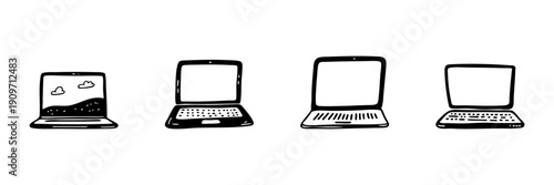 Laptops In Hand Drawn Style Set. Digital Connectivity, Remote Work, Technology Doodle Sketch Collection. Portable Computing Devices. Isolated Vector Illustration