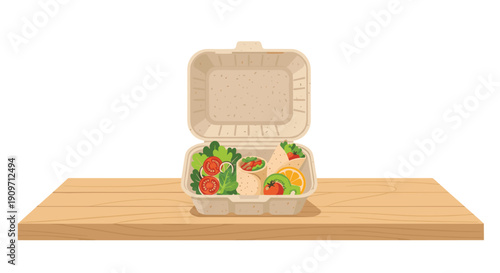 An open disposable takeaway container holds a fresh salad, a healthy wrap, and cut fruits on a light wooden shelf.