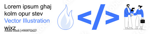 Tech development, programming, fire hazards, web design, collaboration, coding. Blue coding symbol, flame icon and handshake graphic. Tech development and programming concepts