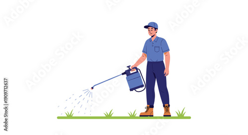 A man in a blue uniform and cap uses a hand-held sprayer to mist green grass.