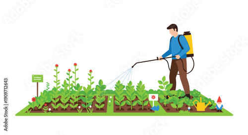 A man in a blue shirt and brown pants sprays plants in a green garden bed with a yellow backpack sprayer.