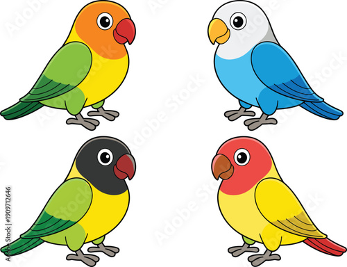 Set of cute cartoon lovebirds illustration, colorful parrot collection isolated on white background vector clipart for kids design