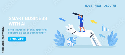 Robotic hand help businessman look future with telescope. Artificial Intelligence working with humanity and help business success. Robot automation, innovation support