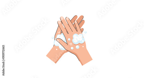 Human hands rubbing together with white soap foam and small bubbles.