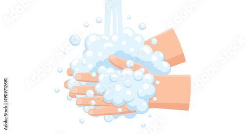 Human hands under running water, covered in abundant white soap foam and bubbles.