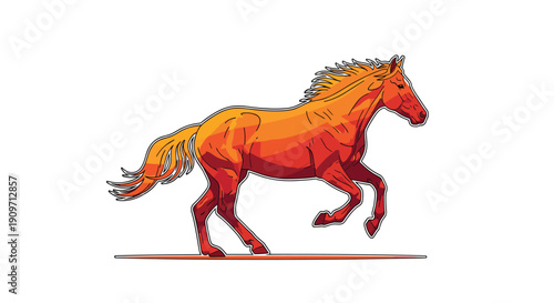 An orange and red horse is depicted in a powerful running or galloping pose, isolated on a white background.