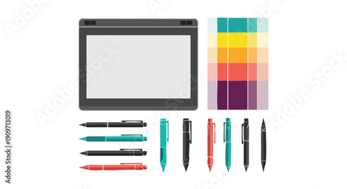 Essential Tools for Digital Design Mastery: Flat Lay Graphic Tablet, Stylus Pens, and Brand Color Swatch
