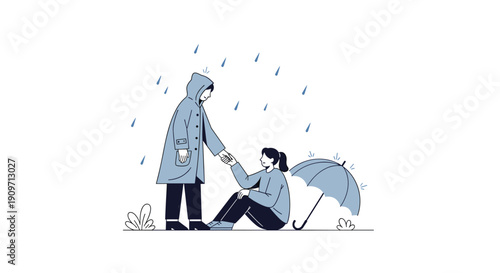 A person in a raincoat helps another individual sitting on the ground with an umbrella, offering assistance.