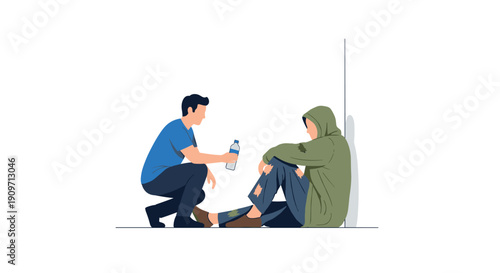 A person offers water to an individual sitting on the ground, providing hydration and showing compassion.