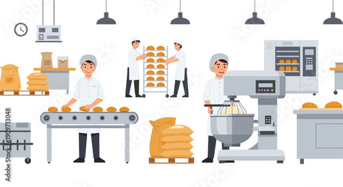 Bakers work diligently in a commercial bakery, processing dough on a conveyor belt, operating mixers, and baking bread.