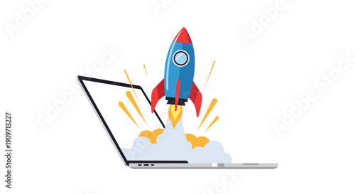 A blue and red rocket ship is launching with fire and smoke directly out of an open gray laptop screen.