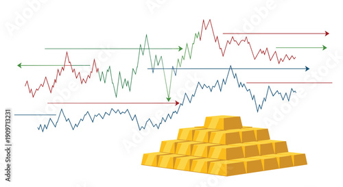 A stack of shining gold bars in a pyramid shape sits below multiple colorful financial line graphs and directional arrows.