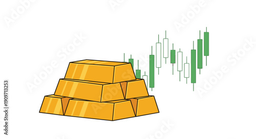 A large stack of gleaming gold bars forming a pyramid is positioned next to a rising green candlestick financial chart.