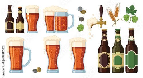 A large collection of different beer bottles, glasses filled with frothy beer, hops, wheat, and a dispensing tap are shown.