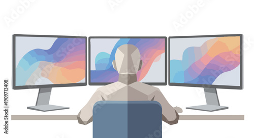 High-Volume Productivity: Specialist Managing Complex Data Flow on Multi-Screen Workstation