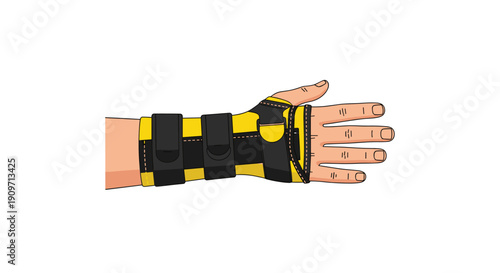 A human hand wearing a black and yellow wrist brace with multiple straps providing support.