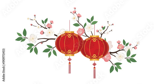 Two red Chinese lanterns with gold details and tassels hanging from delicate flowering cherry blossom branches.