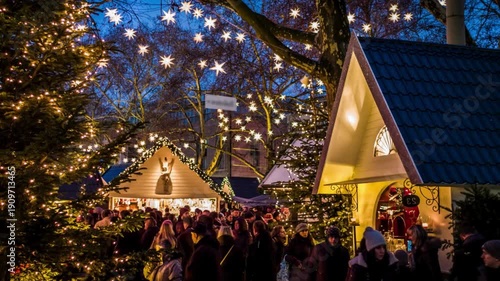 Mesmerizing view of an illuminated traditional  Christmas market stall , with jampacked customer during night time.