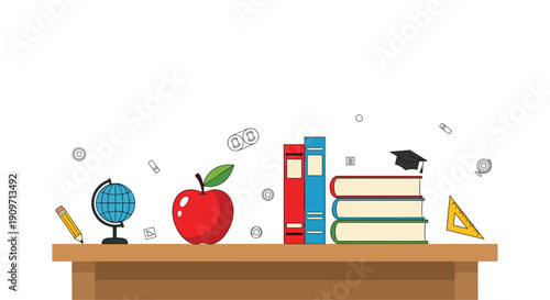 A wooden desk with a globe, red apple, stack of books, ruler, and graduation cap for education.