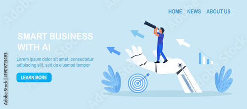 Robotic hand help businessman look future with telescope. Artificial Intelligence working with humanity and help business success. Robot automation, innovation support